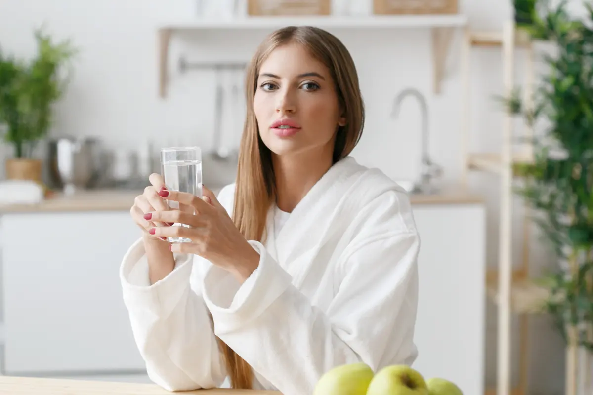 Women drinking water in the kitchen