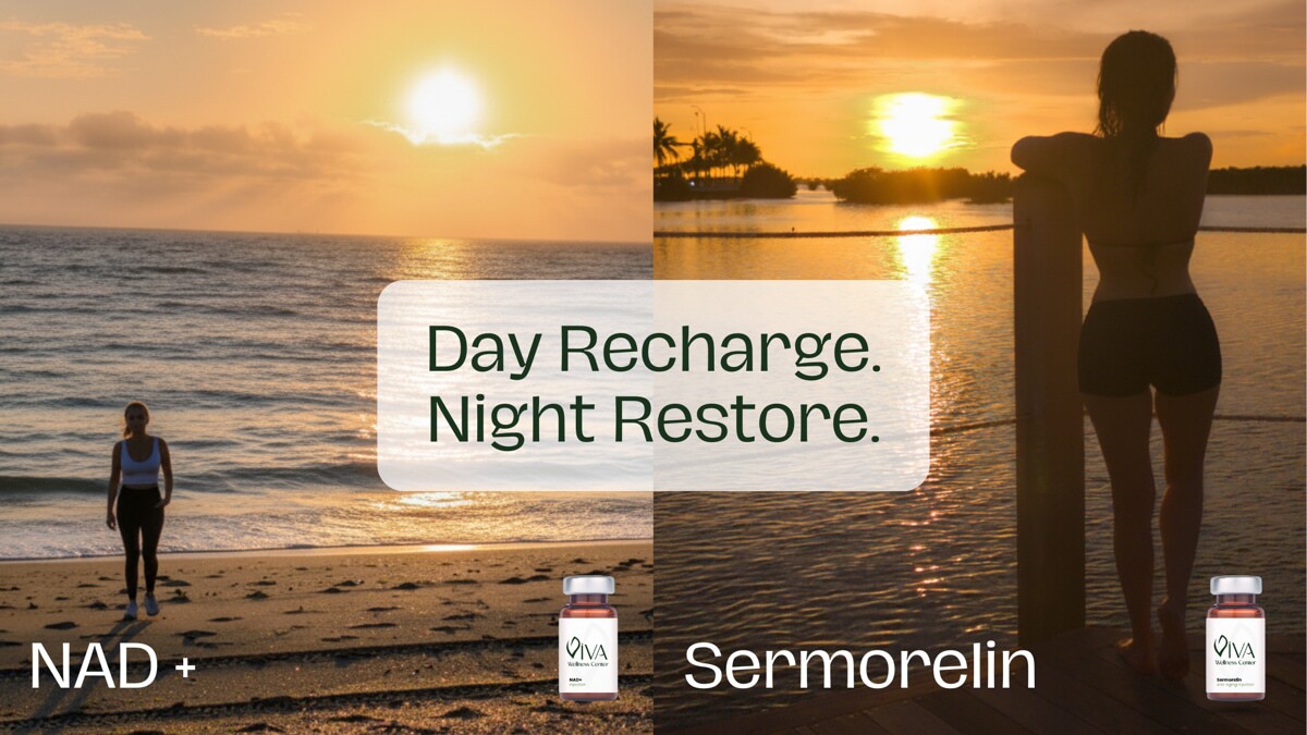 NAD+ and Sermorelin therapy poster – day recharge, night restore concept at Viva Wellness Center in Stoneham MA